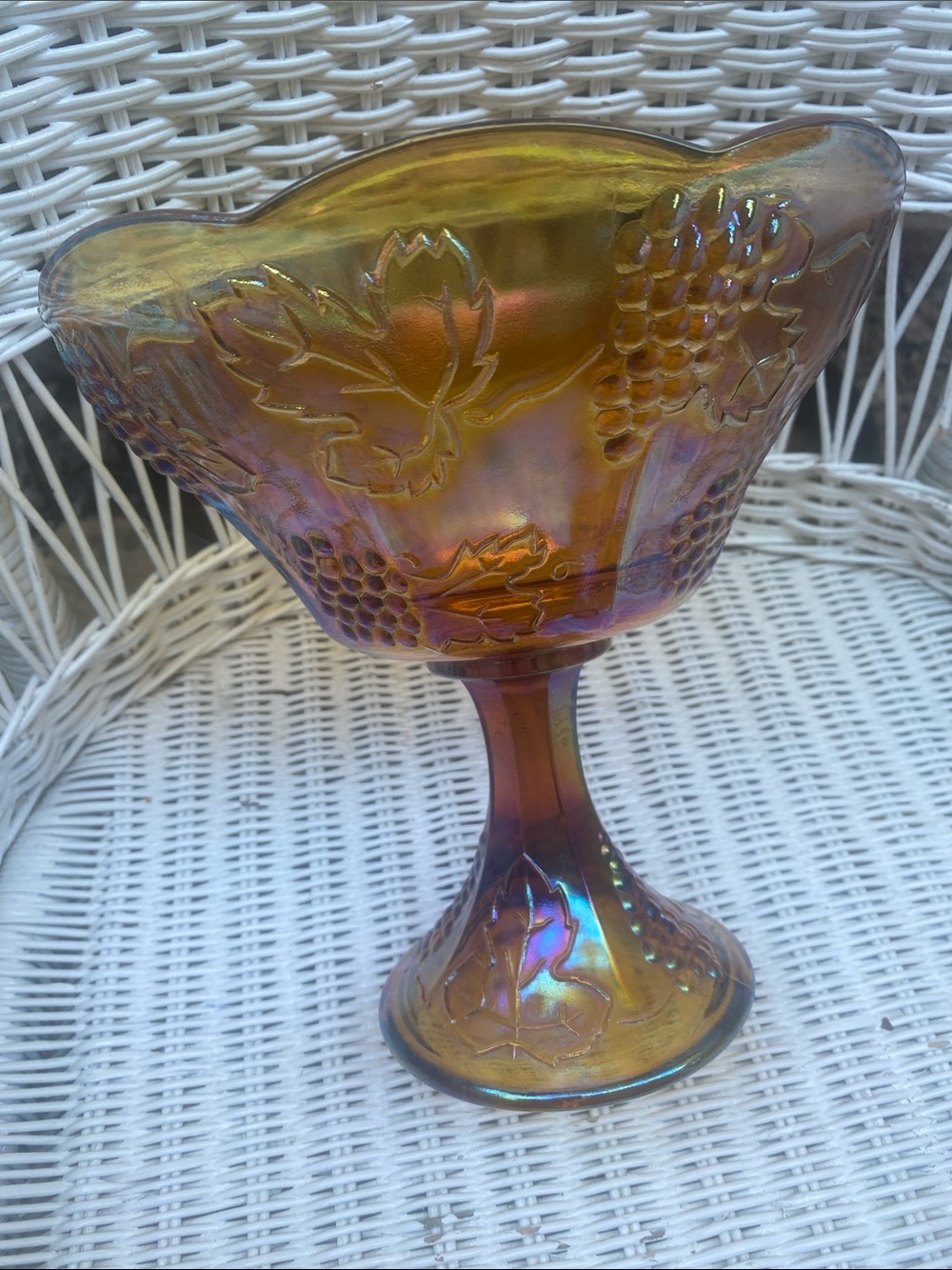Vintage Amber Iridescent Gold
Carnival Indiana Glass Harvest
Pedestal Bowl - Picture 4 of 16
